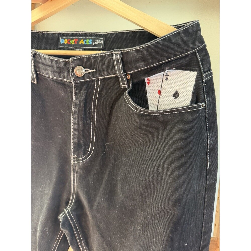 Y2K Two Pocket Aces Black Denim Baggy Jeans Size 30x32 JNCO Clone Embroidered